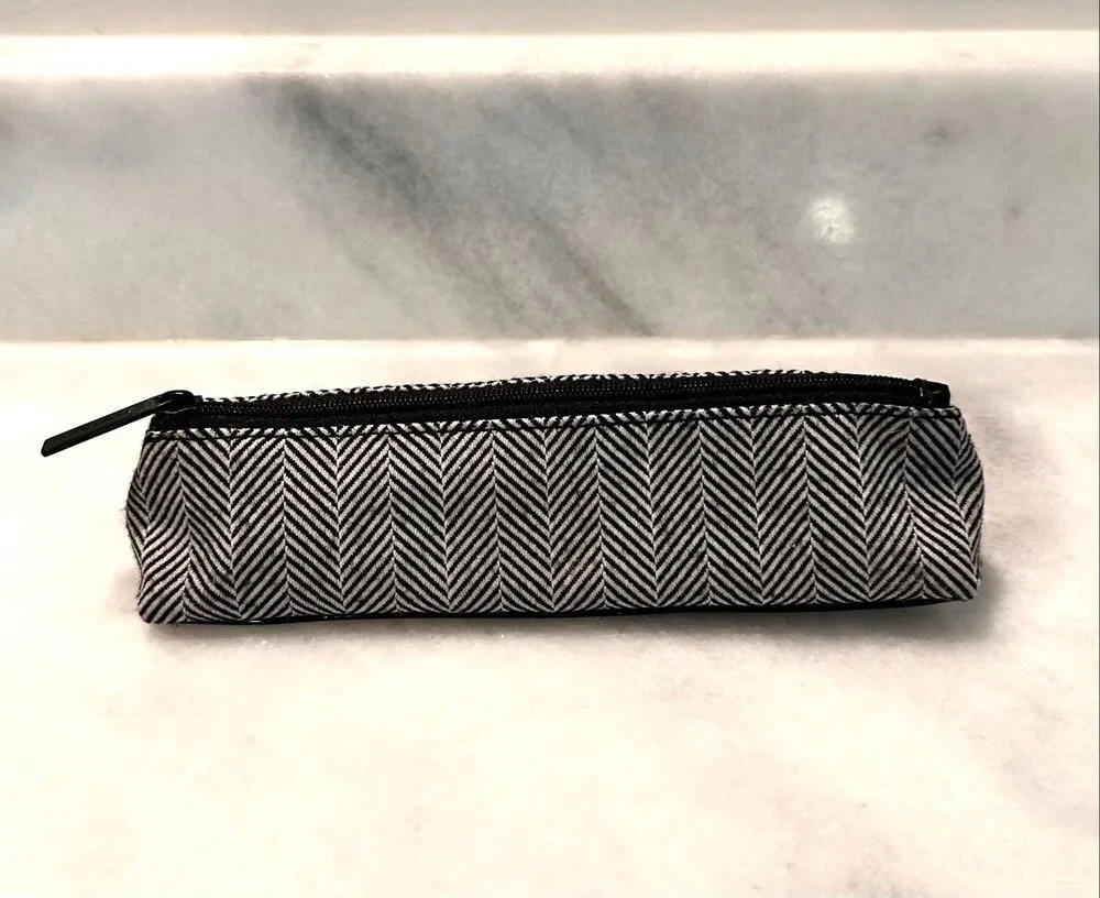 Estee Lauder Herringbone Print Long Makeup Cosmetic or Pencil Pouch Black White